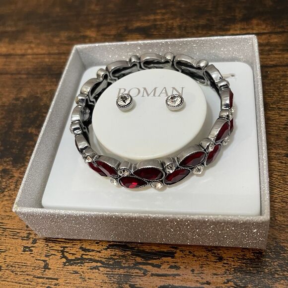 Roman Bracelet Earring Set Red Rhinestone Jewelry Box NEW - Picture 5 of 12